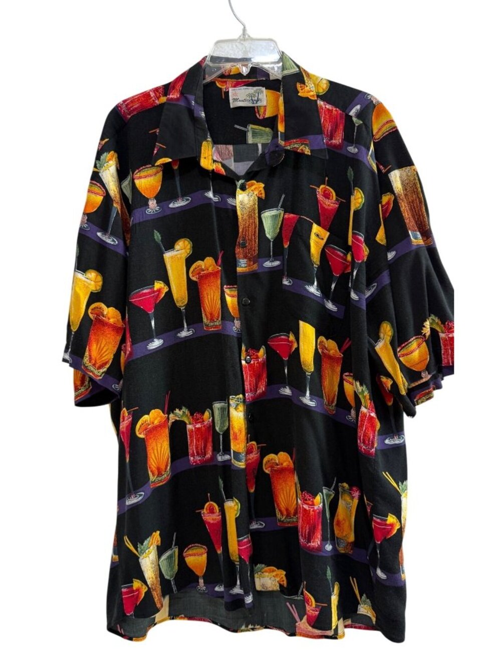 Monticerini Hawaiian Shirt Black Cocktail Print Button Short Sleeve Mens XXL